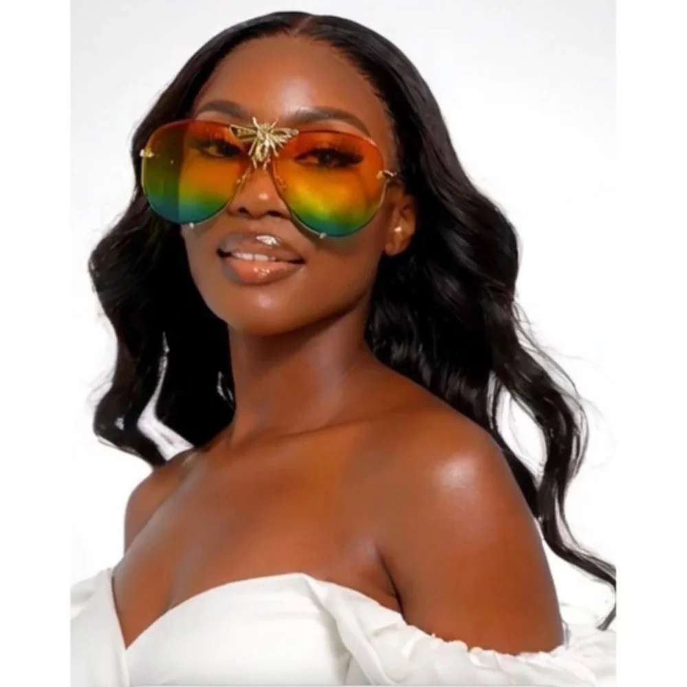 Aviator Sunglasses Rainbow Lens Gold Bee‎ Accent Fashion Sun Glasses